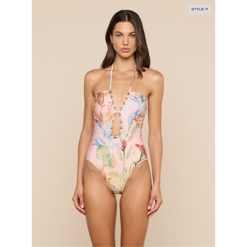 L'AGENCE Opus Halter One-Piece Swimsuit Pink Multi Colorful Palm LG6W403-PMCP
